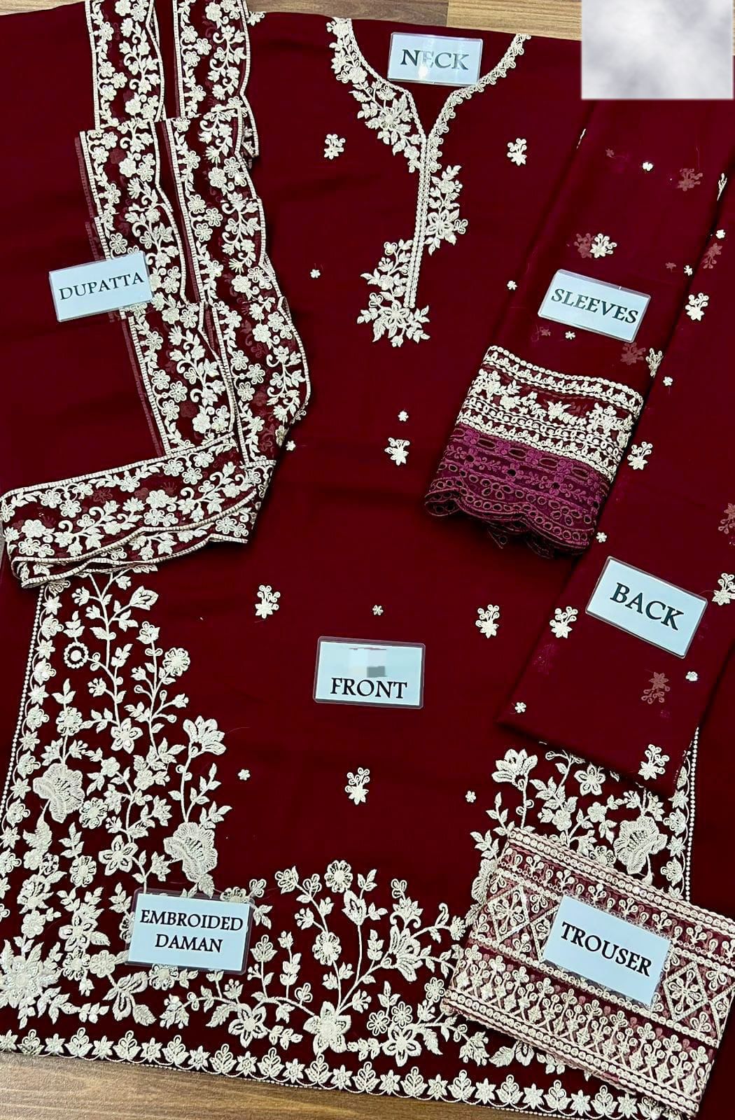 Maroon Embroidered Chiffon 3-Piece Formal Set