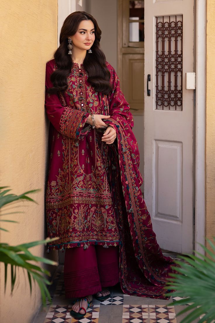 Maroon Embroidered Chiffon 3-Piece Formal Set